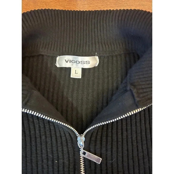 Vigoss Woman's 1/4 Zip Large Black Cropped Collared Ribbed Sweater White Stripes - Picture 2 of 3